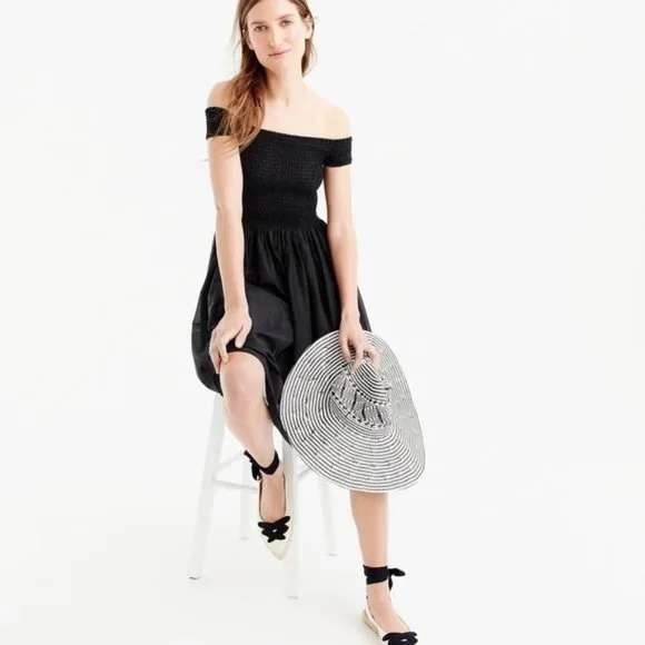 J.Crew Black Smocked Cotton Midi Dress Wide Strap Summer Size M - Picture 6 of 8